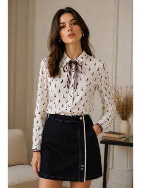 GIRDEAR Sailboat Print Blouse Womens Size 2 White Bow Tie Neck Long Sleeve